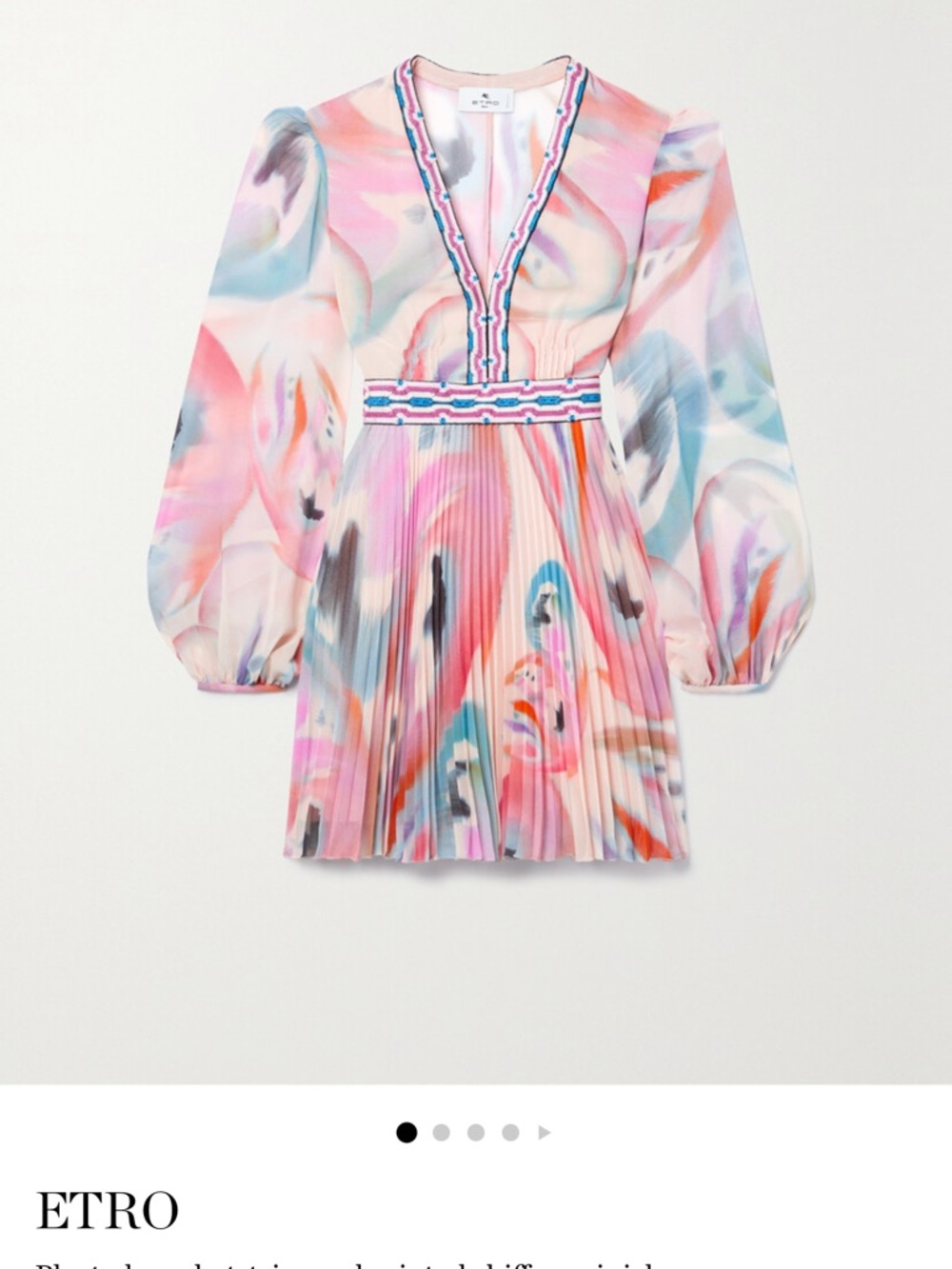 Etro Pastel Watercolor Pleated Mini Dress in Pink, Blue & Cream